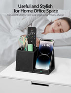 Desk Supplies Organizer, Multi-Functional Pencil Pen Holder with Wireless Charger, Desktop Stationery Organizer, Home Office Supply Storage Box Caddy (Black)