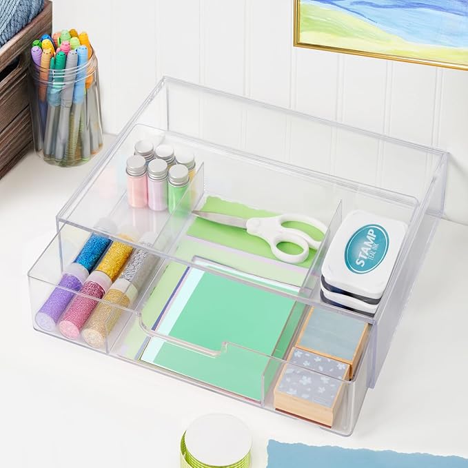 STORi STAX Plastic Stackable Organizer Divided Drawer in Clear | 12.5-inches Wide | 3-Compartments to Organize Office Desk Accessories, Pens, and Notepads| Made in USA