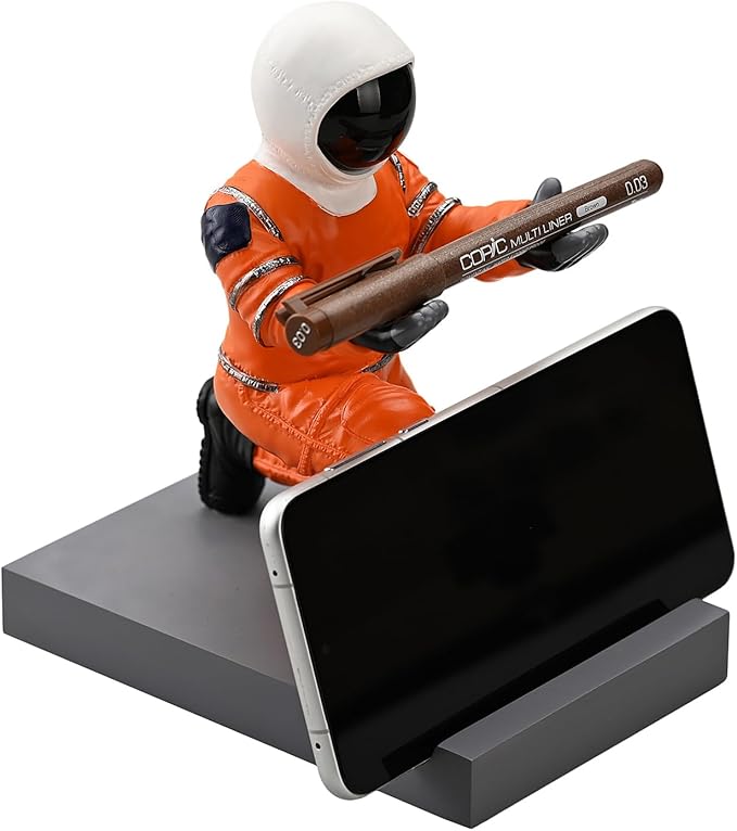 Astronaut Resin Pen Holder, Mobile Phone Stand, Device Stand, Desk Organizer Decorative Pen Holder (Orange&Black)