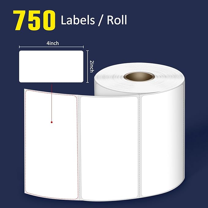 L LIKED 4" x 2" Direct Thermal Labels, Permanent Adhesive Barcode Shipping Labels & Compatible with Rollo, Zebra and Other Desktop Printers (1 Roll, 750 Labels)