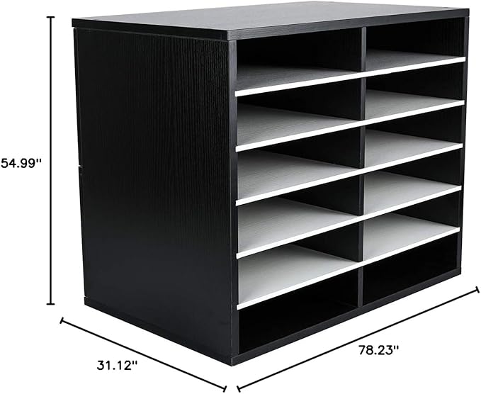 EasyPAG Mail Organizer Countertop, Wood Literature Organizer, Student Classroom Mailbox for School, Desktop Paper Sorter for Office Home, 12 Compartments, Black/White