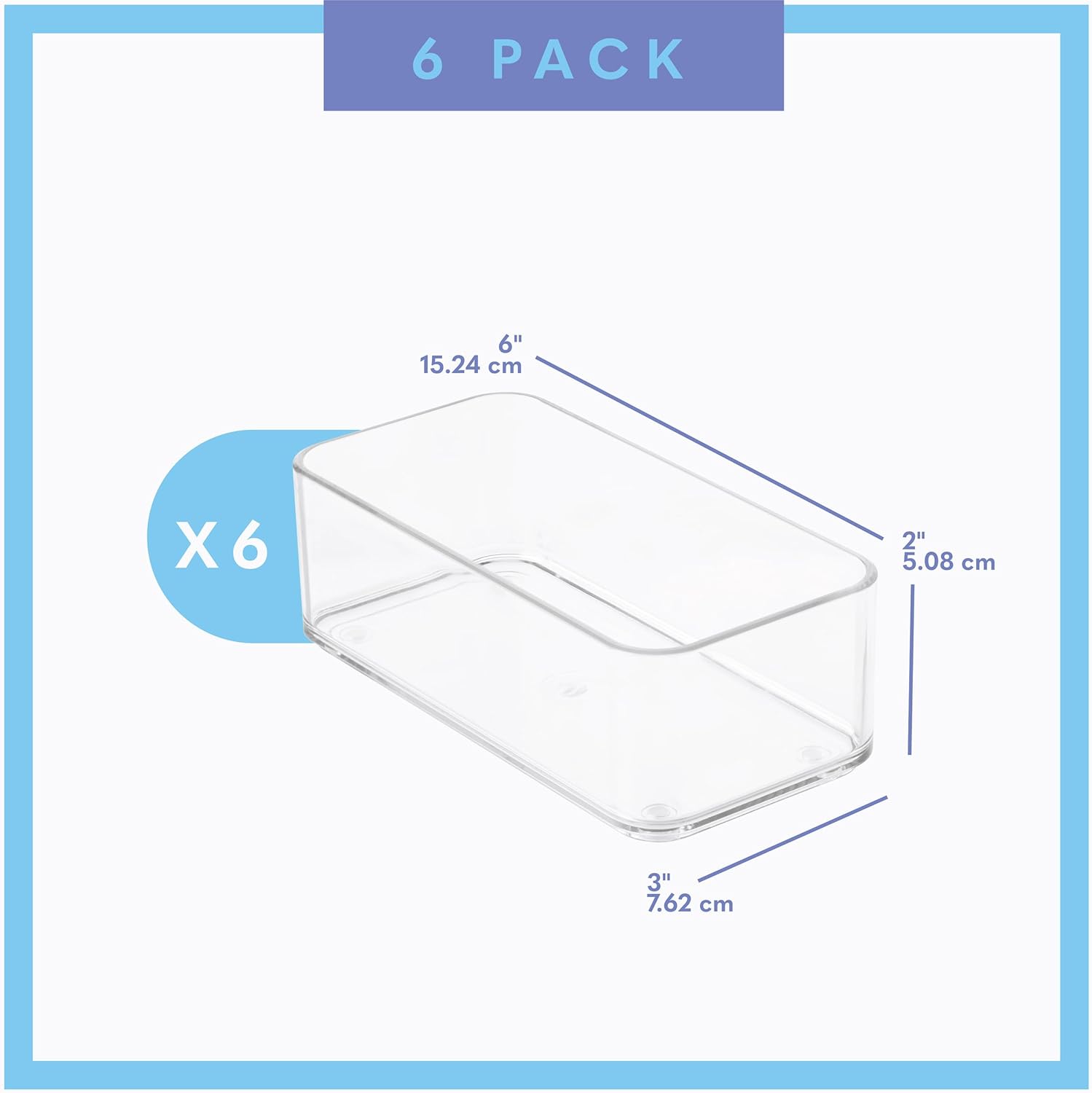 Plastic Clear Drawer Organizers. Bathroom, Kitchen, Bedroom, Nail Polish, Office Organizer Bins, Storage Trays. Heavy Duty, Stackable. 6" x 3" x 2" Set of 6