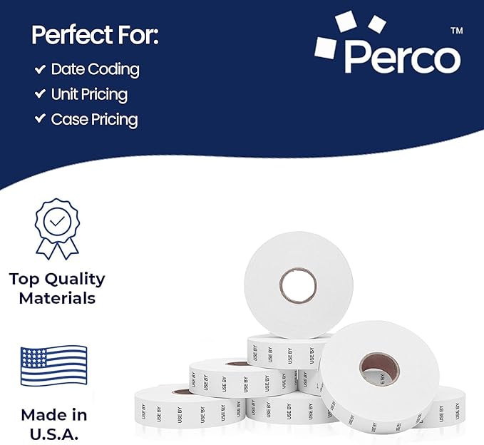 Perco USE by Labels for Monarch 1136 Price Gun - 8 Rolls, 14,000 Marking Labels - with Bonus Ink Roll Included