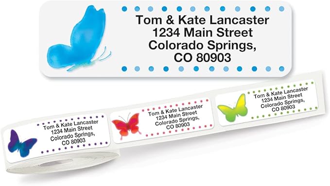 Watercolor Butterflies Rolled Personalized Return Address Mailing Labels with Dispenser, Set of 250, 5 Designs, Small ¾ x 2½ Inch Size, Custom Self-Adhesive Sticker Roll, by Colorful Images