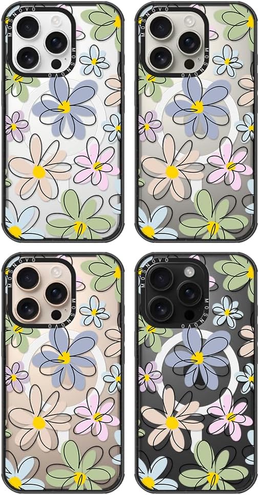 MOSNOVO Magnetic Case for iPhone 16 Pro, 10ft Military-Grade Protection, Compatible with Magsafe, Shockproof Phone Case for iPhone 16 Pro - Linear Blooms - Clear Black