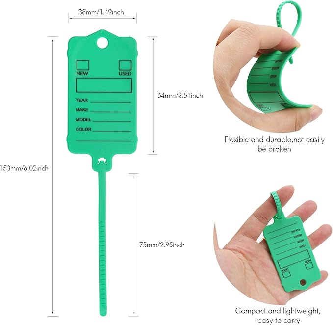 100 Car Key Tags with Labels Plastic Car Dealership Key Tags Self Locking Automotive Identifiers Blank Shop Labels with One Pen (Green)