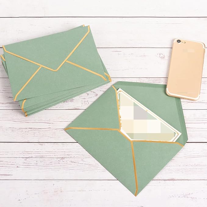 50 Pack A6 Envelopes Sage Green 4x6 Self-Adhesive V Flap Envelopes with Gold Border for Office, Greeting Card, Wedding, Graduation, Baby Shower, Parties, Invitations (Sage Green, 4x6)