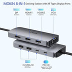 USB C Docking Station Dual HDMI, MOKiN Docking Station 3 Monitors, Displayport, VGA, 100W PD Charging, 2USB A 2.0, USB C 2.0 Ports Multiport Adapter, 8 in 1 USB Hub for Dell, HP, Lenovo Thinkpad