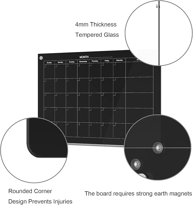 TOWON 47 x 35 Inch Glass Dry Erase Board Reminder, Magnetic Whiteboard Calendar Yearly, Monthly Planner Set for Office, Kitchen and School, Black