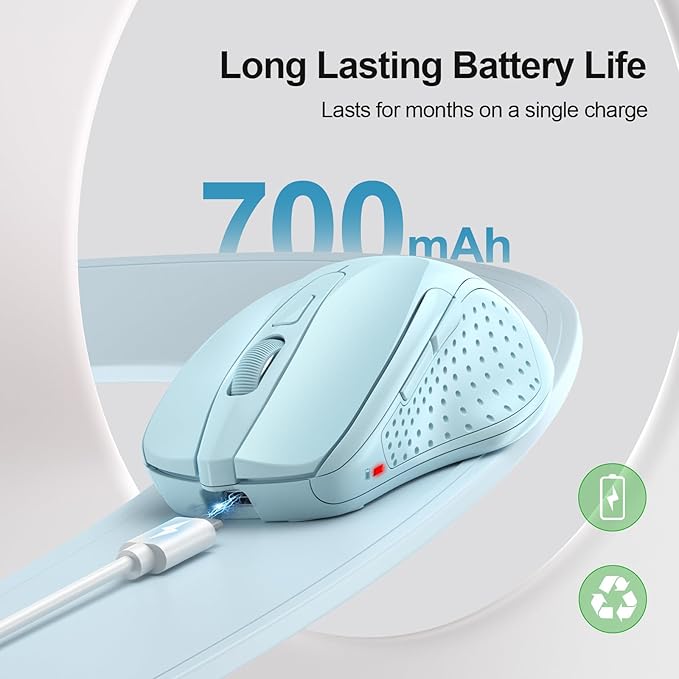 TECKNET Wireless Mouse (BT5.0/3.0 & 2.4G) Rechargeable 4800 DPI Silent USB A & Bluetooth Mouse 6 Buttons, Wide Compatibility - Lightblue
