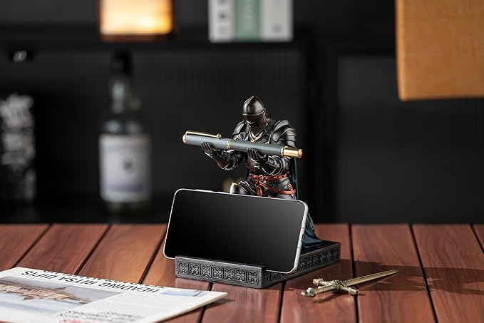 Medieval Armored Warrior Wearing Outerwear, Mobile Phone Stand Knight Pen Holder Desk Organizers, Resin Bookends Paperweight with a Letter Opener for Desk (Iron&Green)