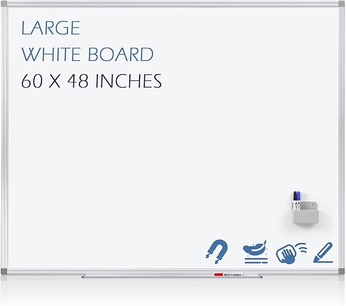 SWANCROWN Large White Board Dry Erase 60" x 48" Presentation Magnetic Whiteboard with Long Pen Tray, Dry Erase Board for Wall, School, Office and Home 5' x 4'