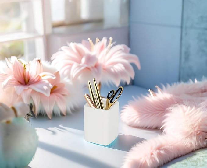 Square Ceramics Desk Pencil Holder With Metal Frame, Suitable for Offices and Homes(Off White)