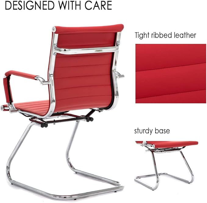 No Wheels Reception Chairs Waiting Room Chair Leather Conference Chairs Back Support Heavy Duty Office Chair with Arm, Set of 2 (Deep Red)