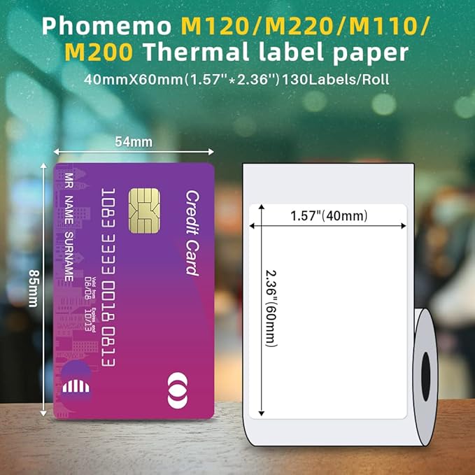 Phomemo 3 Rolls M110/M220/M110/M108/M250/M120/M150/M260/M221/M200 Thermal Label Paper 1.57'' x 2.36'' (40x60mm), Square Self-Adhesive Barcode&Address Label,130 Pcs/Roll, Black on White