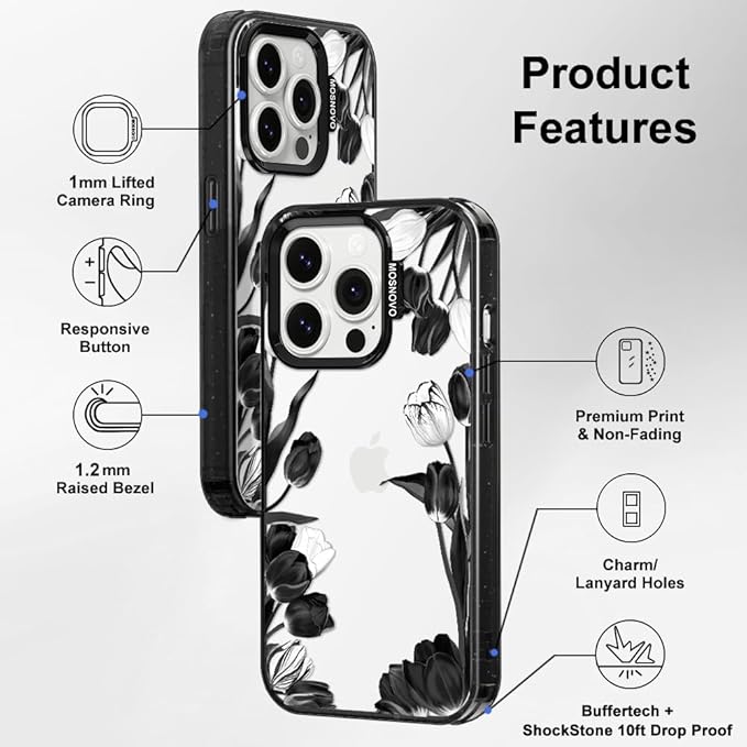 MOSNOVO Case for iPhone 14 Pro, [10ft 4X Military-Grade Drop Protection] Durable & Shockproof Phone Case Cover Design for iPhone 14 Pro - Black White Tulips - Clear Black