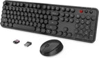 Wireless Keyboard and Mouse Combo, Ergonomic Full Size Typewriter Retro Round Keycaps Keyboard, Compatible with Windows, PC, Perfer for Home and Office Keyboards (Black