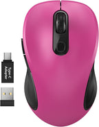 WisFox 2.4G Wireless Mouse for Laptop, Ergonomic Computer Mouse with USB Receiver and Type-C Adapter, 3 Adjustable Levels, 6 Button Cordless Wireless Mice for Windows Mac PC Notebook (Fuchsia)