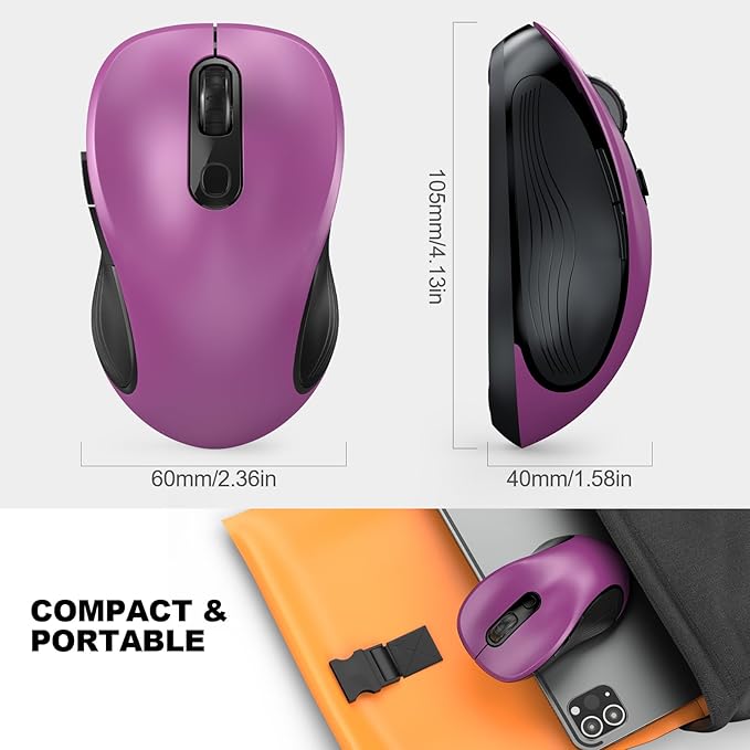 WisFox 2.4G Wireless Mouse for Laptop, Ergonomic Computer Mouse with USB Receiver and Type-C Adapter, 3 Adjustable Levels, 6 Button Cordless Wireless Mice for Windows Mac PC Notebook (Purple)