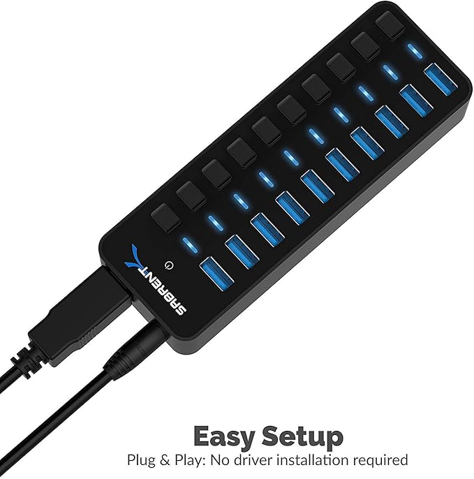 SABRENT 10-Port 60W USB 3.0 Hub with Individual Power Switches and LEDs, Includes 60W 12V/5A Power Adapter (HB-BU10)
