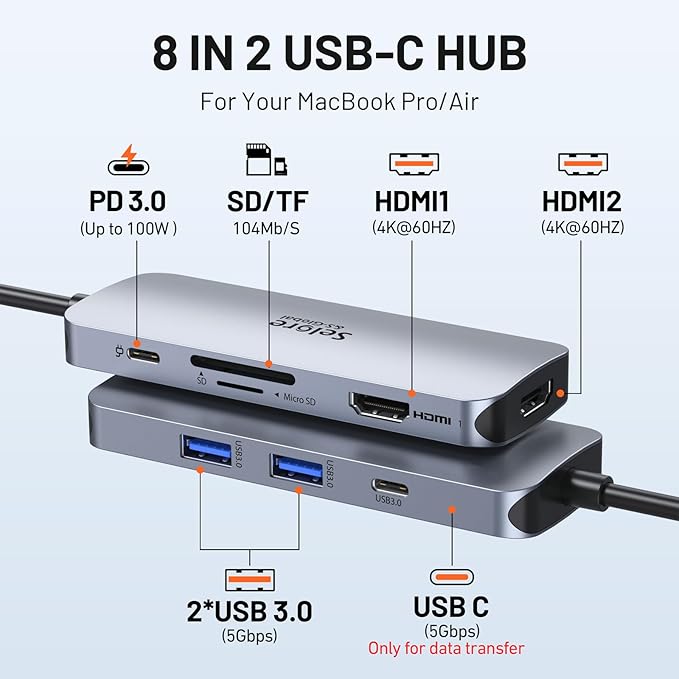Selore Docking Station for MacBook Pro Air, USB C Hub for MacBook,Dual HDMI Adapter for USB for MacBook,Docking Station Dual Monitor for MacBook Pro Air with Dual HDMI,USB C,2 USB A,PD,SD/TF Reader