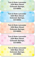 Pastel Dots Rolled Personalized Return Address Mailing Labels with Dispenser, Set of 500, 5 Designs, Small ¾ x 2½ Inch Size, Custom Self-Adhesive Sticker Roll, by Colorful Images