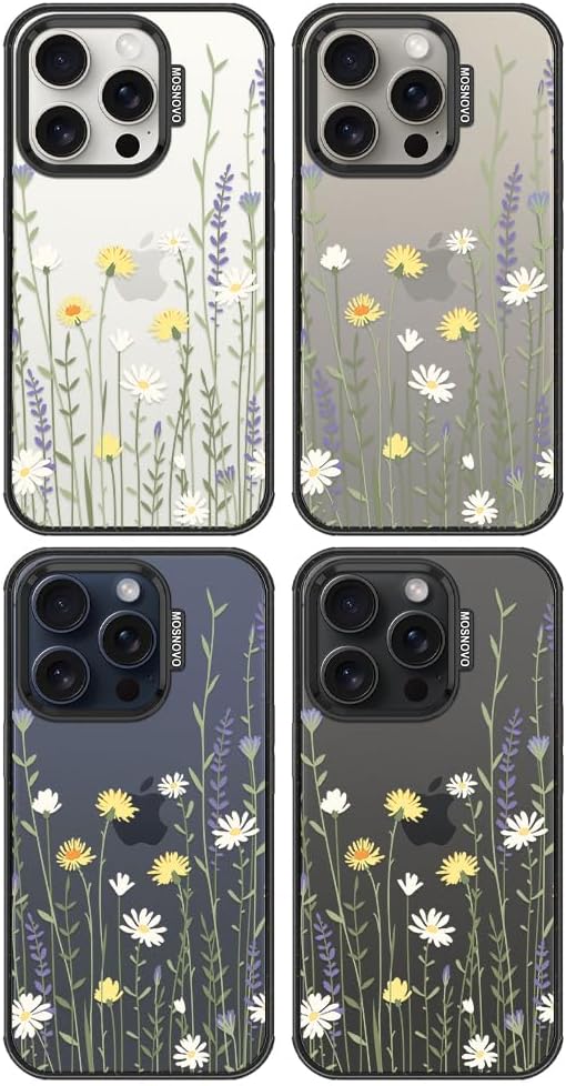 MOSNOVO Case for iPhone 15 Pro, [10ft 4X Military-Grade Drop Protection] Durable & Shockproof Phone Case Cover Design for iPhone 15 Pro - Wild Meadow - Clear Black