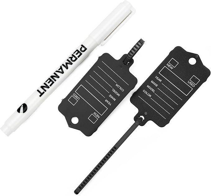 50 Car Key Tags with Labels Plastic Car Dealership Key Tags Self Locking Automotive Identifiers Blank Shop Labels with One Pen (Black)