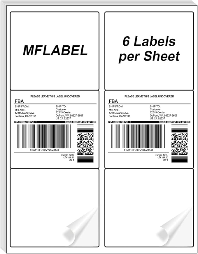 MFLABEL 3-1/3" x 4" Shipping Address Sticker, FBA Labels, 6-UP Sticker Label, White Shipping Label, Easy to Peel, Address Paper for Laser/Ink Jet Printer, 6 Per Page (1200 Labels, 200 Sheets)