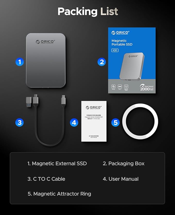 ORICO 1TB Magnetic Portable SSD, Metal Body, 4K 120 fps ProRes HDR Record and Store, Up to 460MB/s, USB C&A 2 in 1 Cable, External SSD Compatible with iPhone 16 Pro Max, Tablet, Computer - K5PLUS