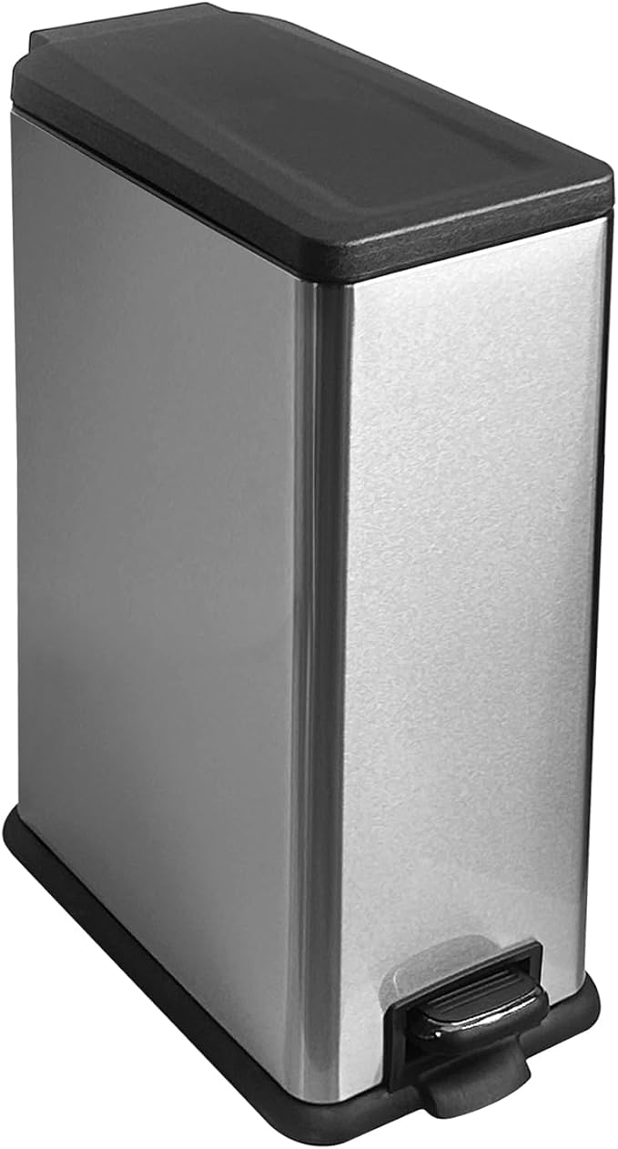 12 Gallon Trash Can with Lid，45L Kitchen Garbage Can,Stainless Steel Trash Can for Narrow Spaces with Soft-Close Lid, Inner Bucket, and Step-on Pedal