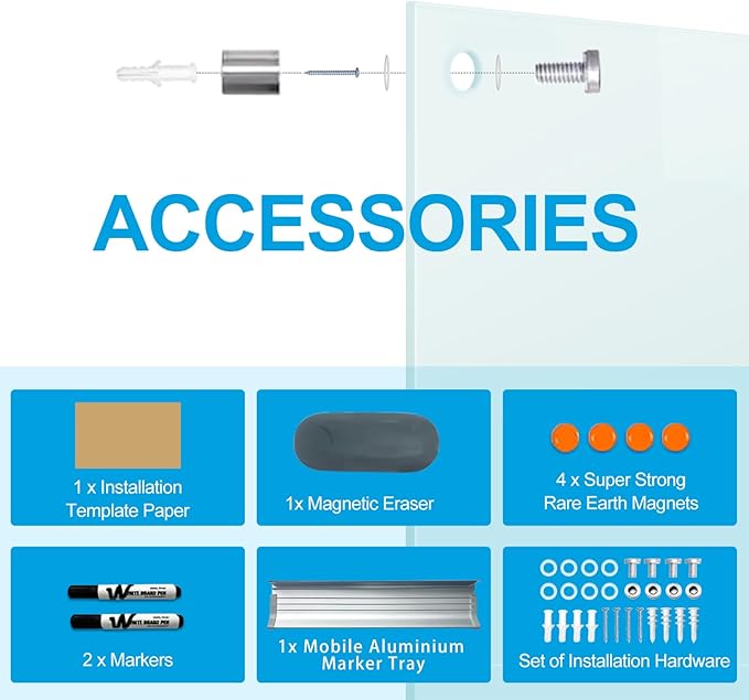 KIZZBY Glass Dry Erase White Board - Magnetic Boards for Wall, 48"x36" Large Frameless Whiteboard for Office, Home & School