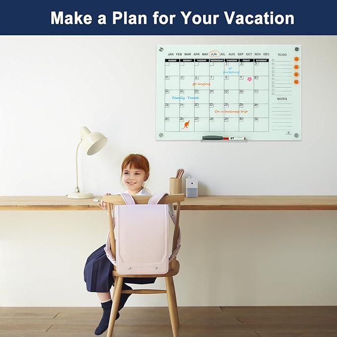 TSJ OFFICE Glass Calendar Whiteboard - 36 x 24 Inches Wall Mounted Monthly Dry Erase Calendar for Wall, Large Magnetic Glass White Board for Office, Home & School