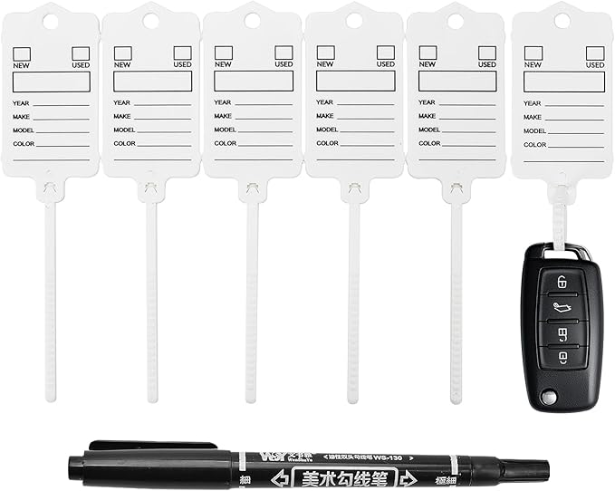 50 Car Key Tags with Labels Plastic Car Dealership Key Tags Self Locking Automotive Identifiers Blank Shop Labels with One Pen (White)