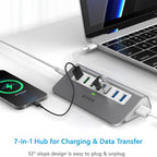 Powered USB-C 7-Port Hub, USB 3.2 Gen 2 Adapter - 4x 10Gbps Data, 3x 3.3ft Charging Ports, 30W Power Adapter for Laptop, PC, MacBook