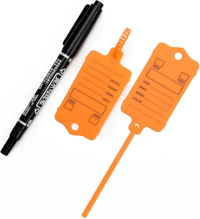 100 Car Key Tags with Labels Plastic Car Dealership Key Tags Self Locking Automotive Identifiers Blank Shop Labels with One Pen (Orange)