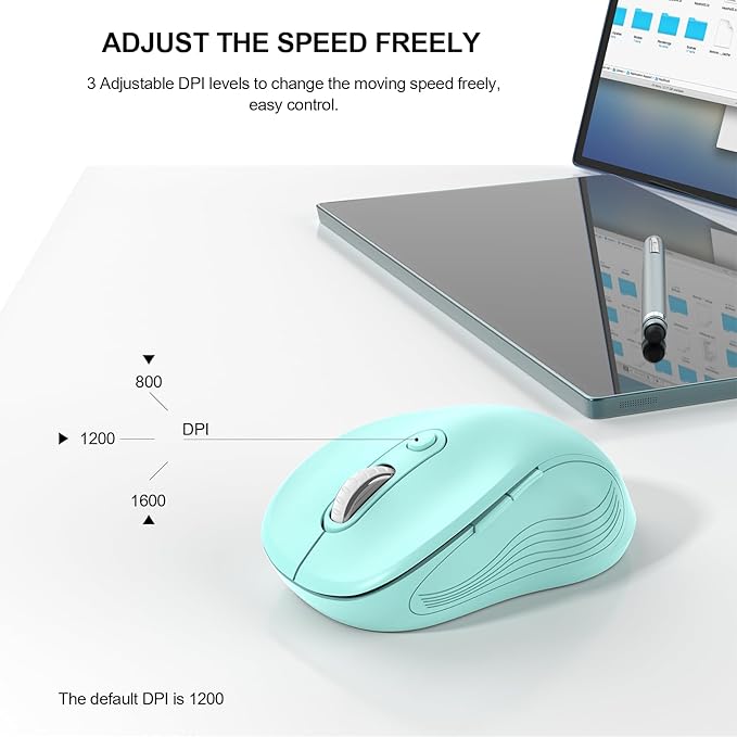 WisFox 2.4G Wireless Mouse for Laptop, Ergonomic Computer Mouse with USB Receiver and Type-C Adapter, 3 Adjustable Levels DPI, 6 Button Cordless Wireless Mice (Mint Green, 1 Pack)