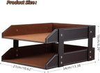 KINGFOM Letter Tray, Leather Paper Organizer Tray, Wooden Desk File Holder, Desktop File, Stackable Magazine Holder, Mail Sorter, Great for Home or Office - 2 Level Brown
