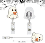 Cute Ghost Badge Reel Acrylic Retractable Halloween Badge Clip with 360° Rotating ID Card Holder Ghost Holding Pumpkin Badge Reel Designs Halloween Spooky ID Badge Holder for Nurses, Doctors