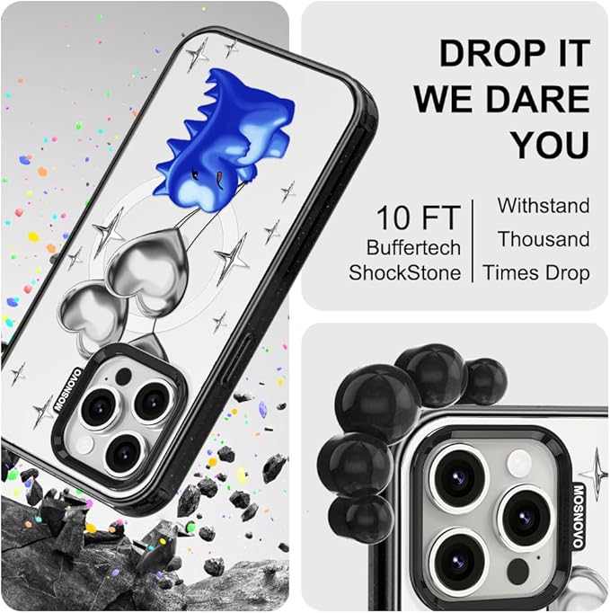 MOSNOVO Case for iPhone 15 Pro Max, [10ft 4X Military-Grade Drop Protection] Durable & Shockproof Phone Case Cover Design for iPhone 15 Pro Max - Balloonasaurus - Clear Black