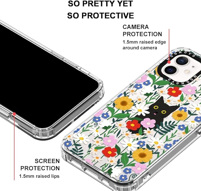 MOSNOVO Case for iPhone 12 & iPhone 12 Pro, [Buffertech 6.6ft Military-Grade Drop Protection] [Anti Peel Off Tech] Clear TPU Bumper Phone Case Cover Design - Black Cat in Garden
