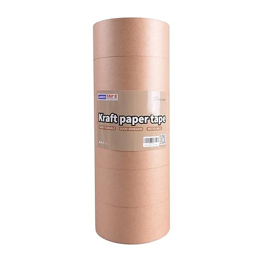 ADHES Heavy Duty Kraft Paper Tape, 2 Inch x 43 Yards, 6 Rolls Eco Friendly & Biodegradable, Writable & Uncoated Brown Packing Tape Paper Packing Tape for Masking, Sealing, and Packaging Use,