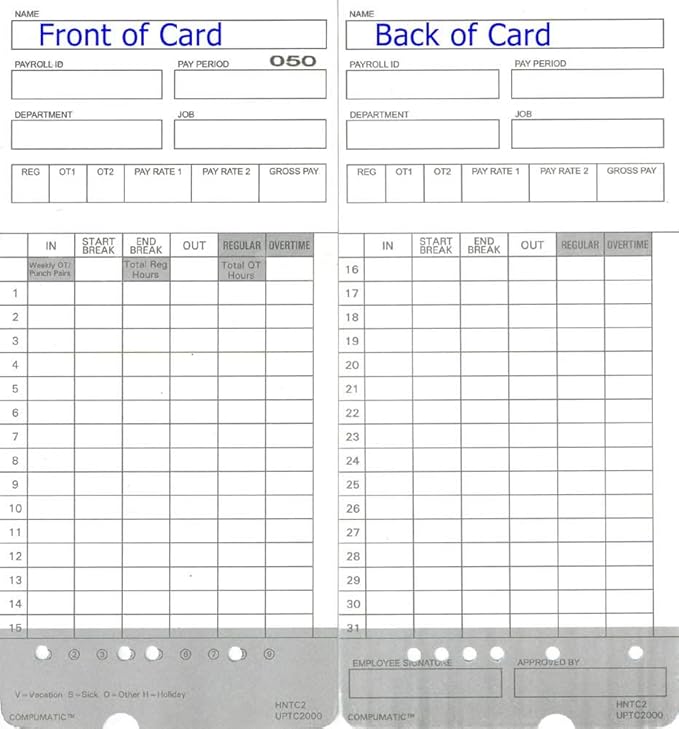 100 Time Cards for uPunch HN2000, HN2500, HN4000, HN4500 AutoAlign Calculating Time Clock and More HNTC2 UPTC2000 COMPUMATIC Compatible