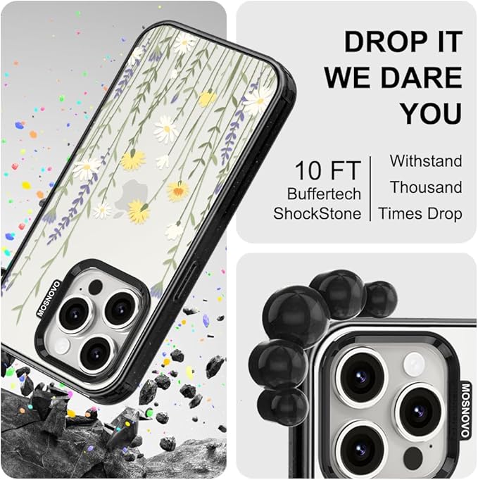 MOSNOVO Case for iPhone 15 Pro, [10ft 4X Military-Grade Drop Protection] Durable & Shockproof Phone Case Cover Design for iPhone 15 Pro - Wild Meadow - Clear Black