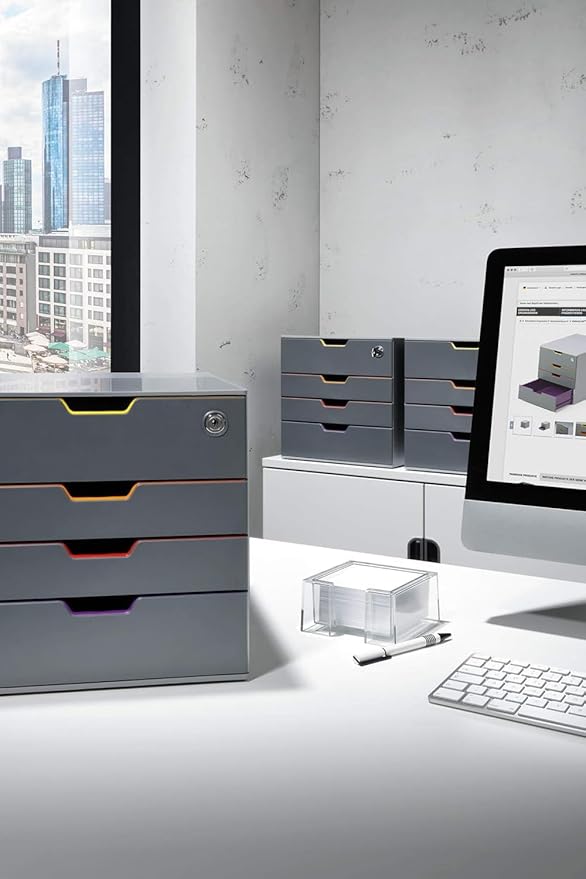Durable VARICOLOR 4 Lockable Drawer Unit - Gray Desktop Filing Drawer Set with 4 Color Coded Draws - Letter Size Files - Top Draw is Lockable - Perfect for Storing Documents and Paper Work