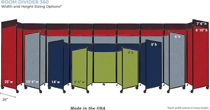 Versare Room Divider 360 Portable Wall Partition | Folding Panels | Large Freestanding Divider | Locking Wheels | Temporary Room Separator | 25' x 7'6'', Red