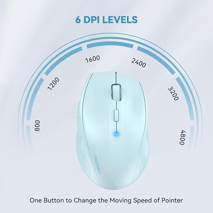 TECKNET Bluetooth Mouse, 4800 DPI Wireless Mouse, 2-Year Battery 6 Adjustable DPI, 6 Buttons Compatible with Laptop/Windows/Computer - Lightblue