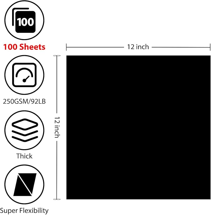 OcePor 100 Sheets Black Cardstock 12” x 12”, 92lb/250gsm Black Card Stock, Thick Card Stock Paper, Heavy Cardstock Paper for Printer, Resume, Scrapbooks, Art, Crafts, Business Cards