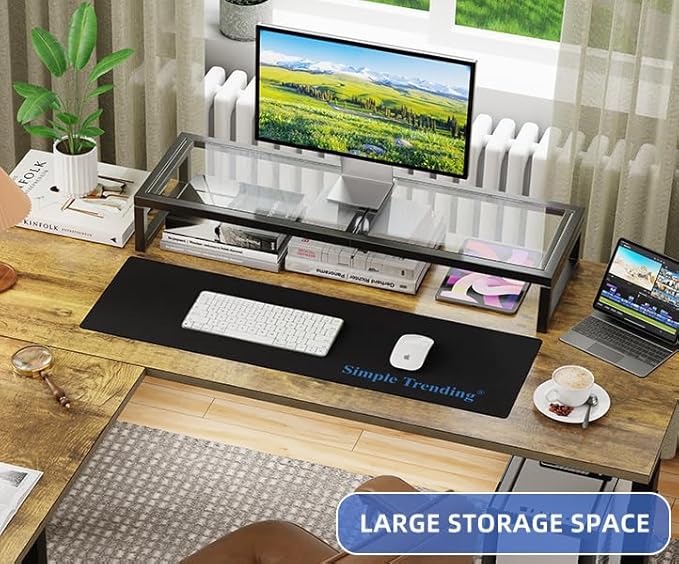Simple Trending Dual Monitor Stand Riser, Tempered Glass Computer Desk Organizer with Mouse Pad for Laptop, iMac, TV, Black