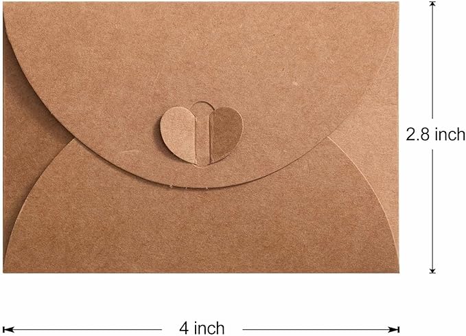 Primbeeks 100 Pcs Premium Gift Card Envelopes, 4 x 2.8 inch Gift Card Holders, Mini Seed Kraft Paper Cute Envelopes with Heart Clasp for Gift Cards, Weddings Favors, Party Favors